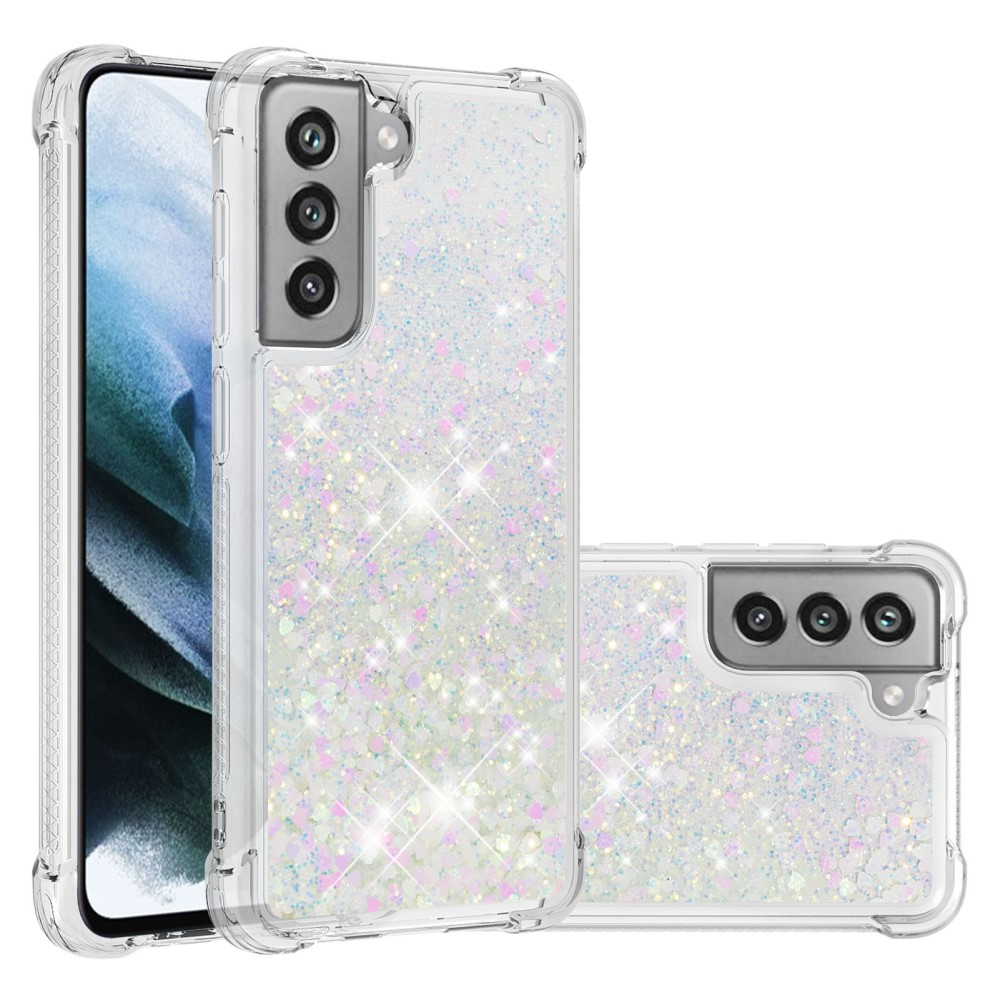 Samsung Galaxy S21 FE 5G Hardcase Hülle mit Air Cushion Fallschutz Liquid Case Glitzer Herzen - Silber/ Rosa / Transparent