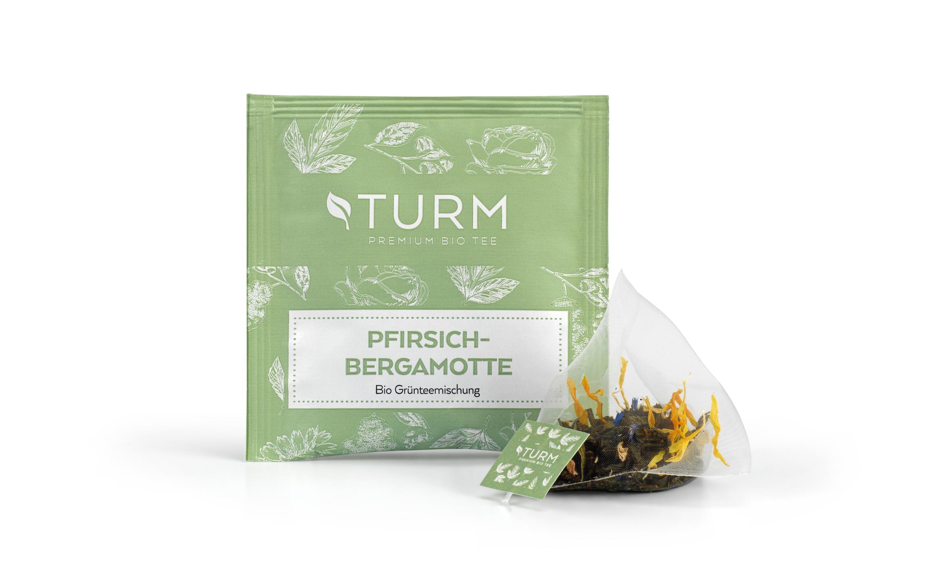 Teebeutel Bio Pfirsich-Bergamotte Grüntee 20 StückPyramidenbeutel mit Grünteemischung und Pfirsich-Bergamotte-Geschmack
