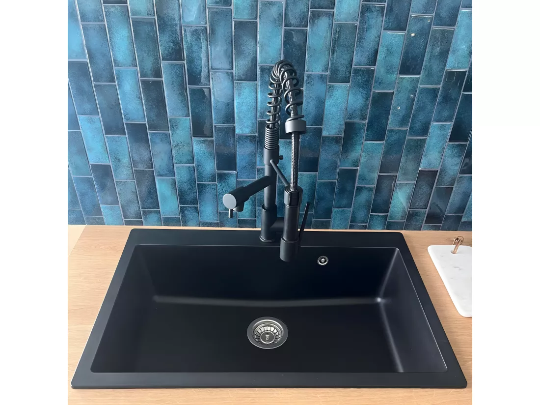 Sierra évier 1 grande cuve seule 76x50 en résine noir - Essebagno
