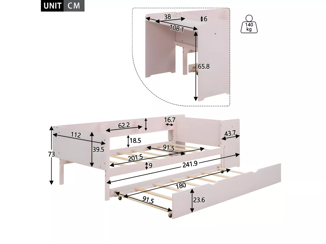 Lit simple 90x200 cm avec un lit gigogne - avec bureau à côté - Rose