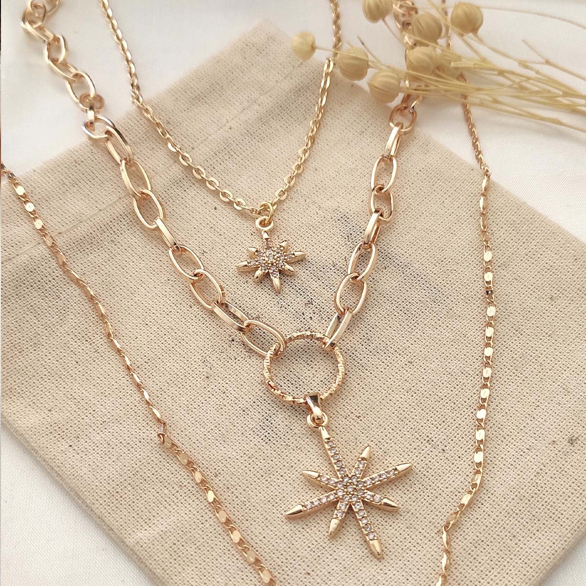 Collier multiples - Laiton plaqué or & zircons