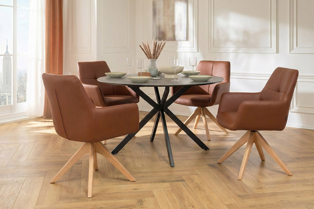 Drehbarer Stuhl ALMARA cognac braun Echtleder 360° Taschenfederkern Eiche Massivholz