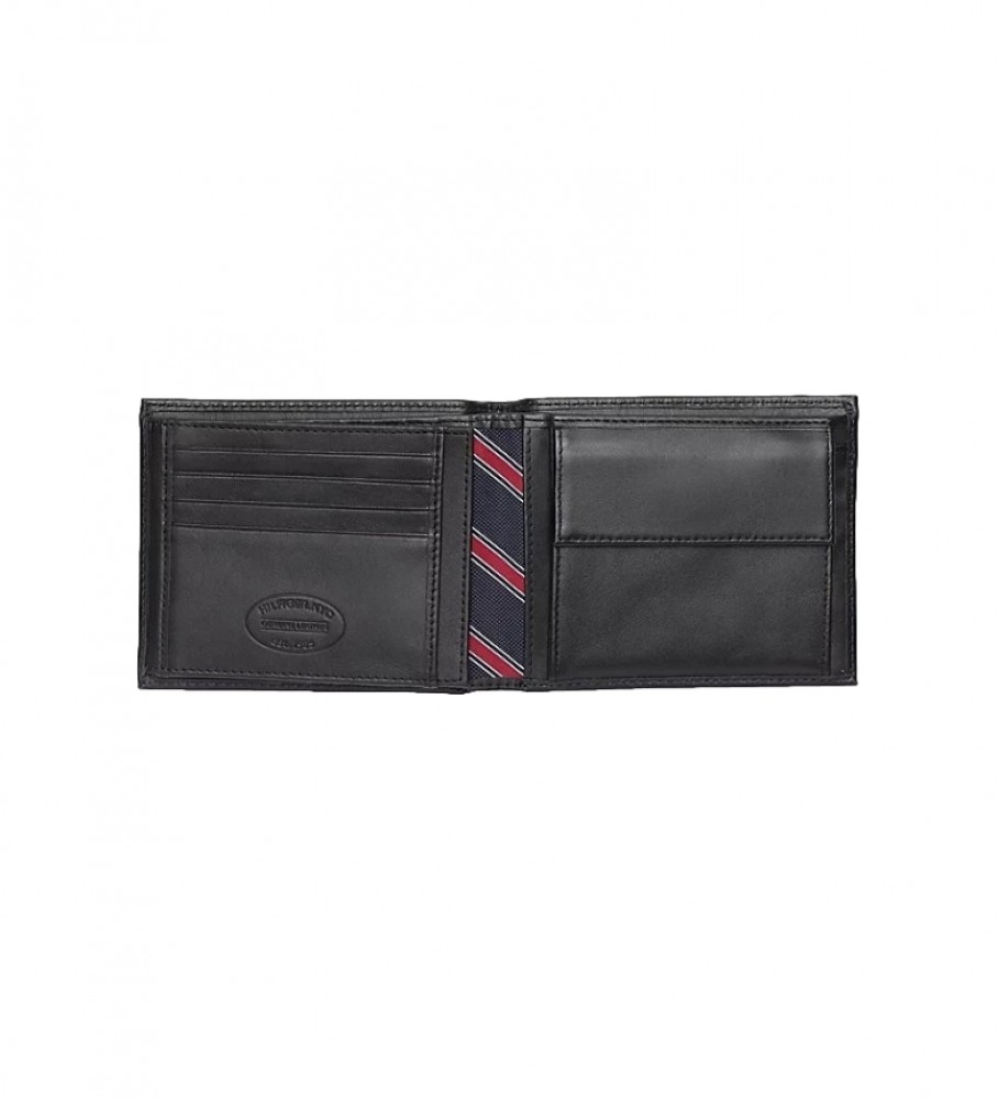 Carteira Tommy Hilfiger Eton Trifold em couro, preta - 13x3x10cm -