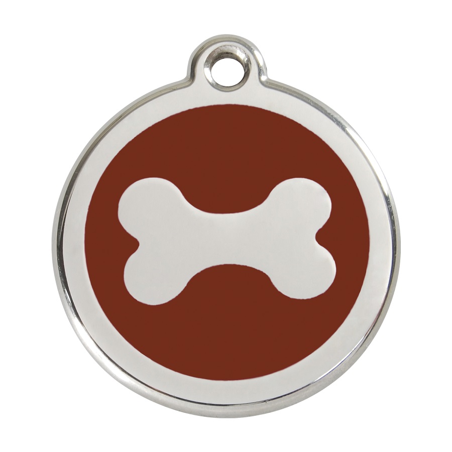 Placa de identificação para cães em aço inoxidável esmaltado marrom em formato de osso
