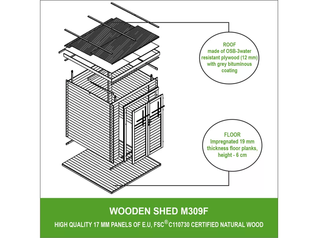 TIMBELA M309F+M309G Abri de jardin en bois AVEC SOL TRAITÉ - Porte verrouillable de haute qualité - 3.53 m2