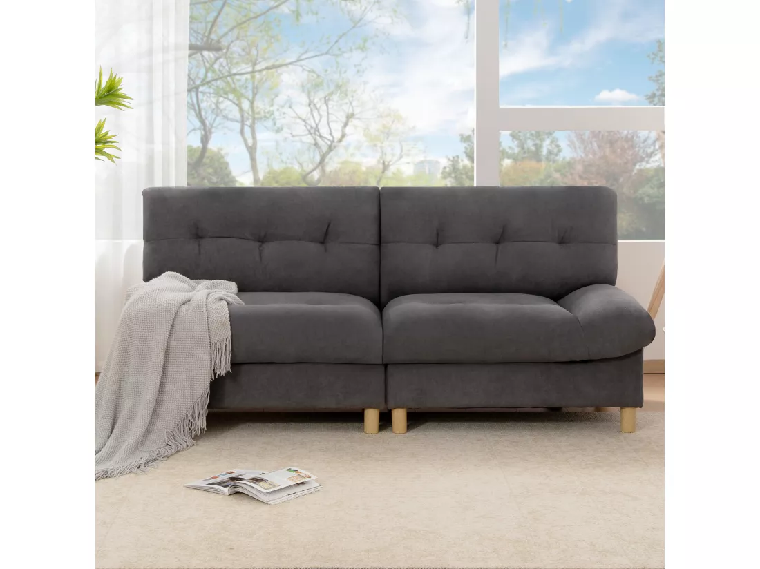 URBAN MEUBLE Canapé velours teddy gris 2 places pieds bois