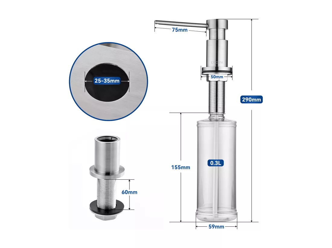 Cecipa MAX Distributeur de Savon de Cuisine Brossée Distributeur de Savon pour Evier avec Récipient de 300ML + Tuyau d'extension en Silicone de 1,25M