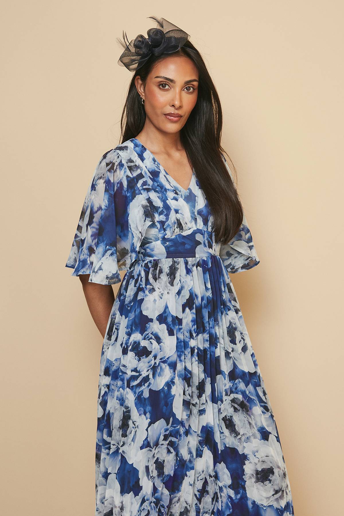 Wallis Robe Mi-Longue à Imprimé Floral avec Manches Cape Plissées - Taille Petite