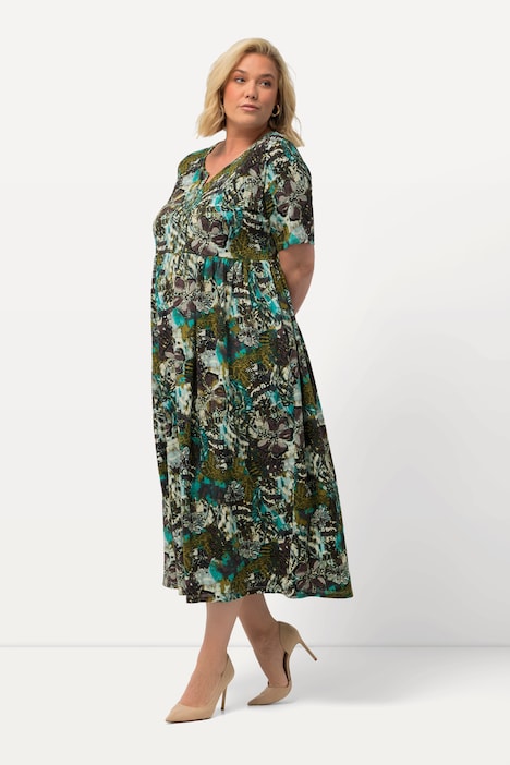 Jerseykleid, Blüten, A-Linie, Tunika-Ausschnitt, Halbarm