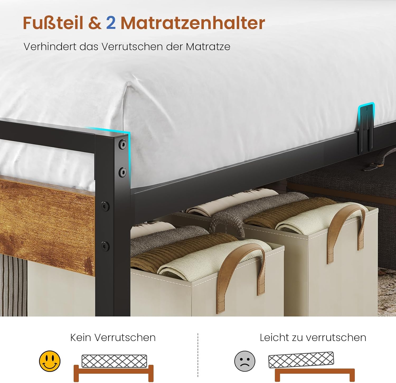 Bett 120x200 mit Lattenrost aus Metall Bettrahmen mit LED Beleuchtung und Steckdose, Bettgestell 120x200 cm mit Holzkopfteil, 2 Schränke mit Türen, Jugendbett mit Stauraum, Modern, Braun