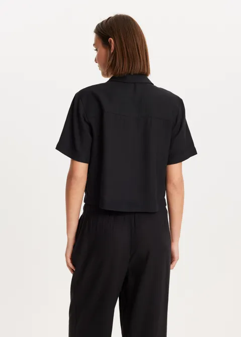 Linnen mix korte mouwen blouse zwart (ZWART)
