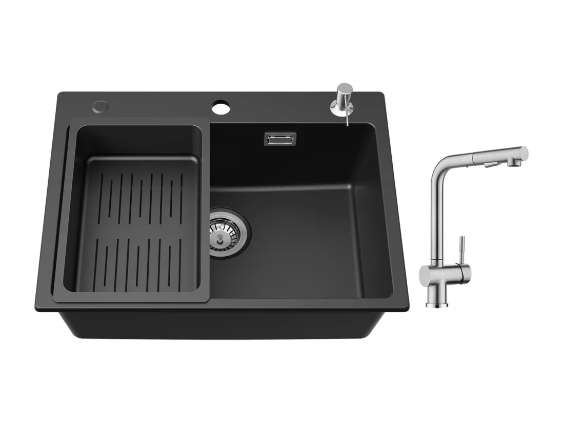 Cecipa max Evier en Quartz 60*45cm, avec Panier de Vidange et Distributeur de Savon Gratuits + Robinet avec Douchette, Mitigeur Extractible, Brossé