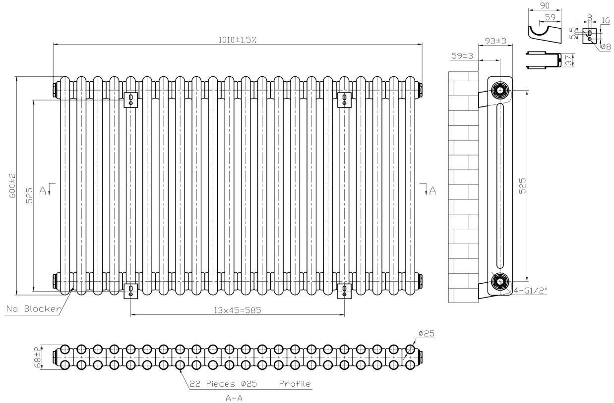 Eastbrook Imperia 2 koloms radiator 100x60cm 1407W zwart mat