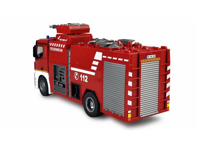 Amewi Mercedes Benz Arocs Feuerwehr Löschfahrzeug RTR, 1:18 Realistisches Feuerwehrauto mit Beleuchtung, Soundeffekten und Wasserwerfer