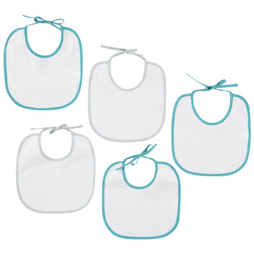 Lot de 5 bavoirs courts en éponge finition biais contrasté - Bleu moyen