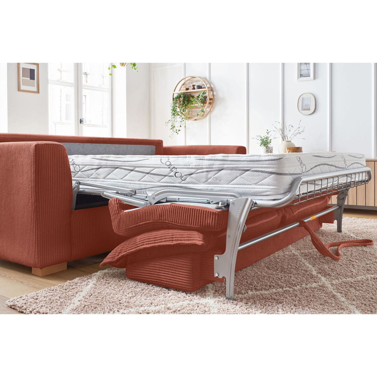 Bobochic Canapé droit convertible express en Velours côtelé 3 places Augustin orange - 205x96x97 cm