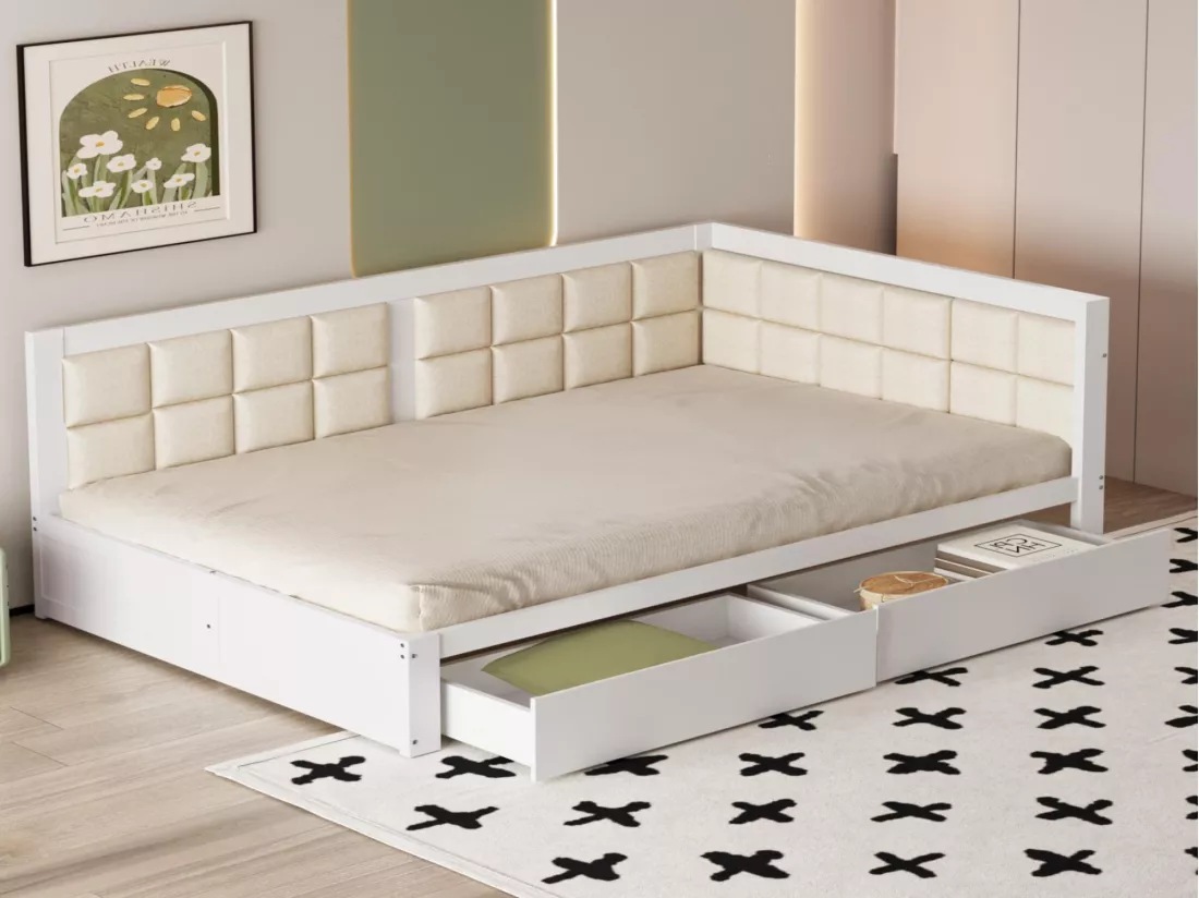 Lit banquette rembourré 140x200cm - avec 2 tiroirs et sommier à lattes - Blanc