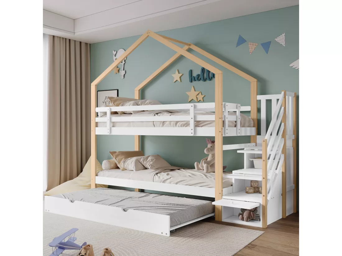 Lits Superposés Cabane - 90 X 200 cm/90 X 190 cm - Avec Escalier À Tiroirs Et Protection Antichute - Naturel + Blanc