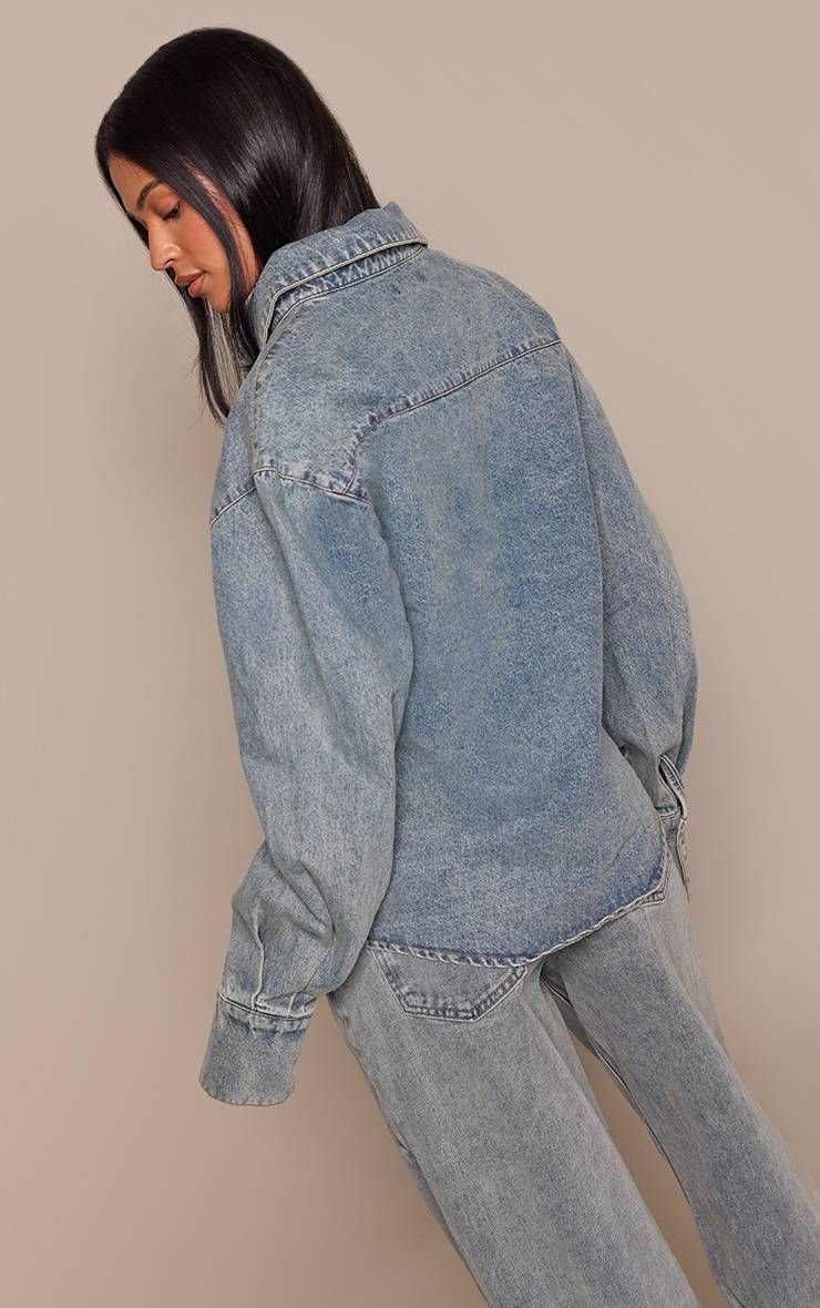 Délavage Vintage Chemise En Jean Grande Taille À Manches Ballon Et Ourlet Arrondi
