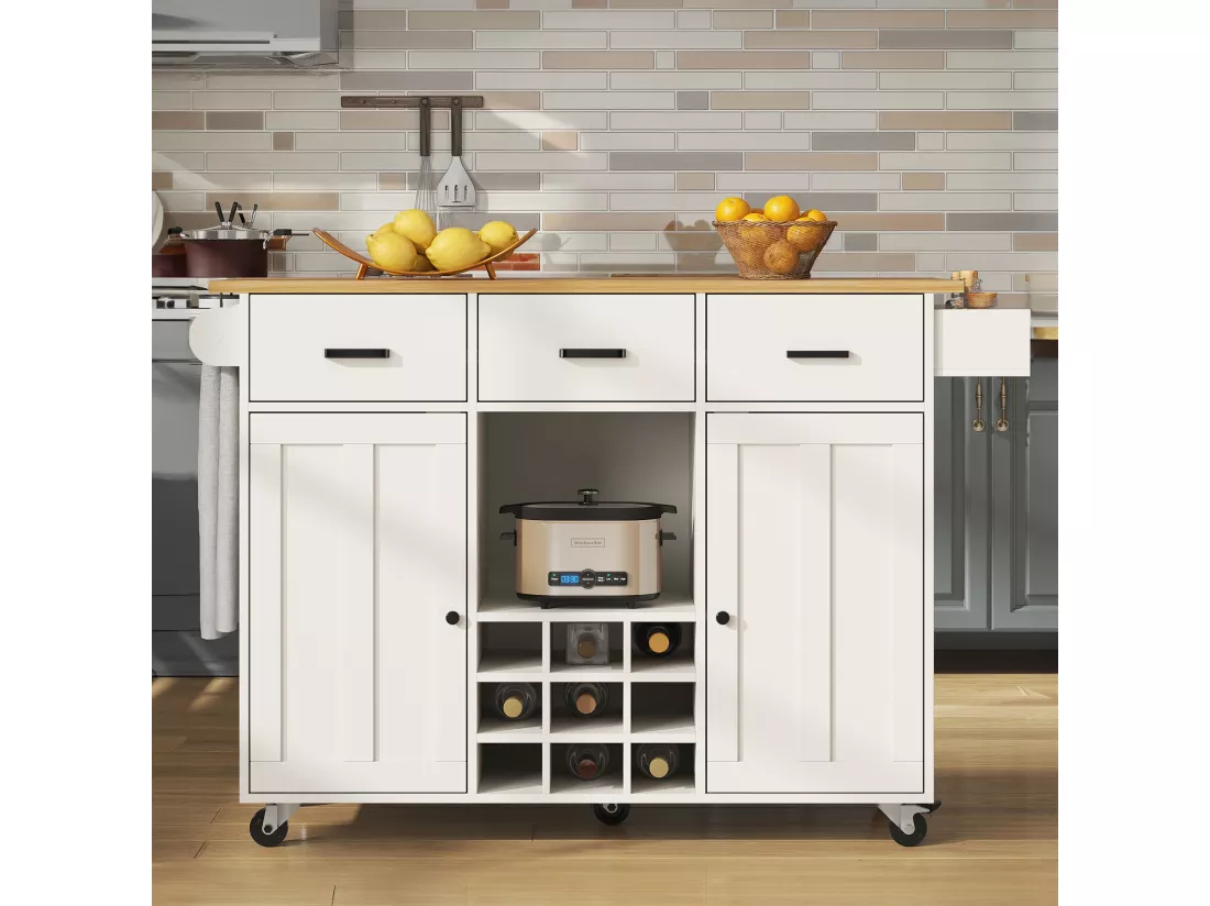 Ilot central de cuisine mobile avec 2 portes, 3 tiroirs et casier à vin 9 bouteuills - Plateau extensible - 124x40/65x91.5 cm - MDF - Blanc