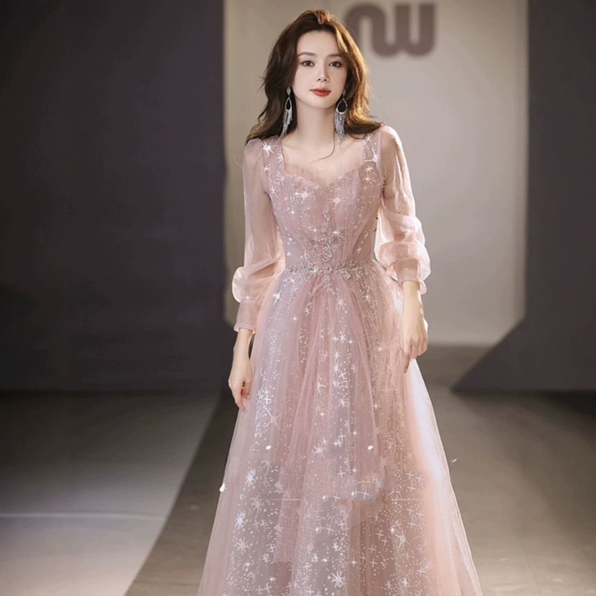 Yoanva - Lange mouw V-hals glitter mantel avondjurk