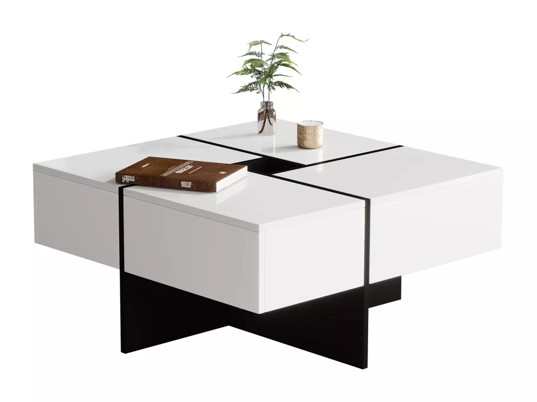 Table basse coulissante avec 4 compartiments cachés - 70 x 70 x 35 cm - panneaux de particules - blanc