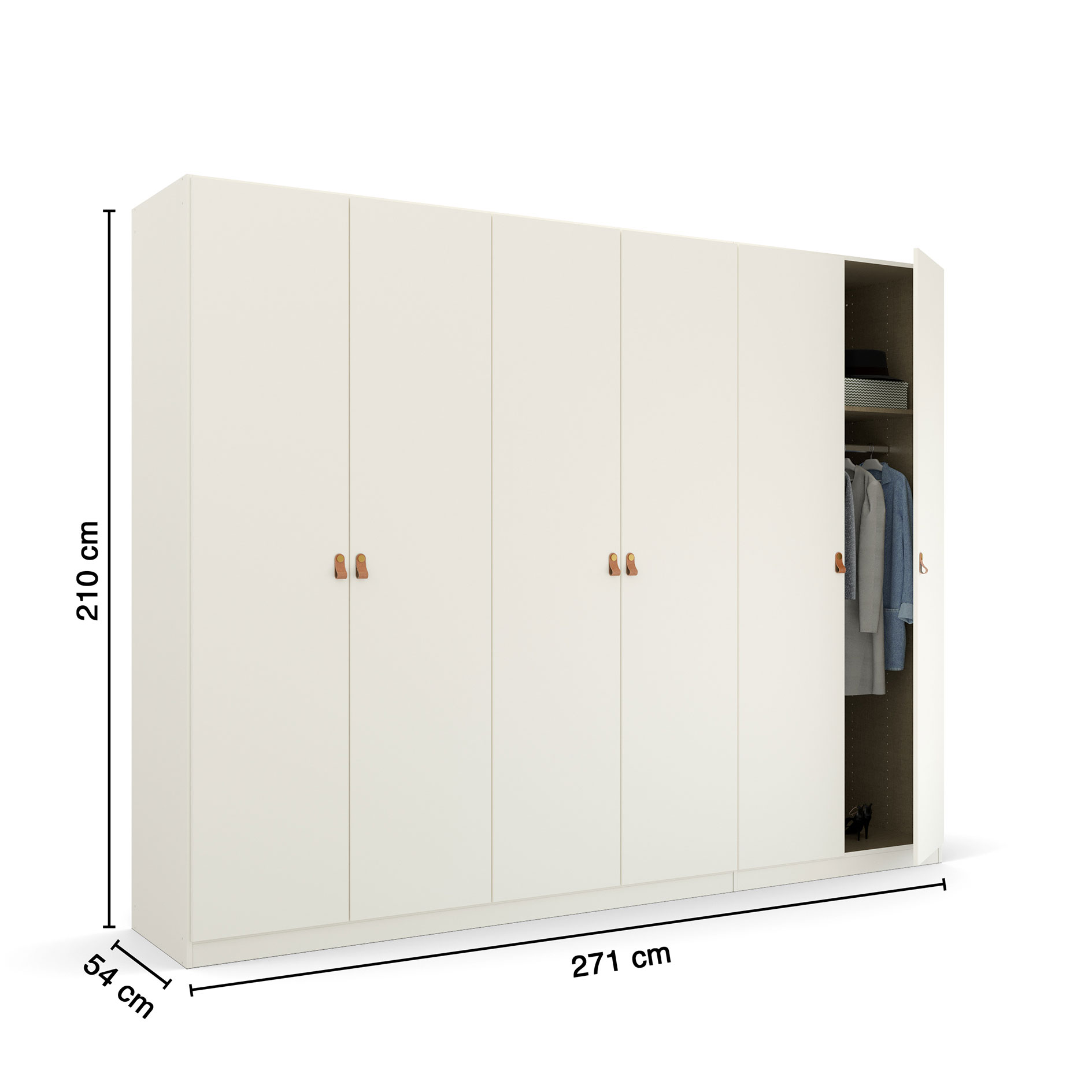 Drehtürenschrank - alpinweiß - Ledergriffe - 271 cm