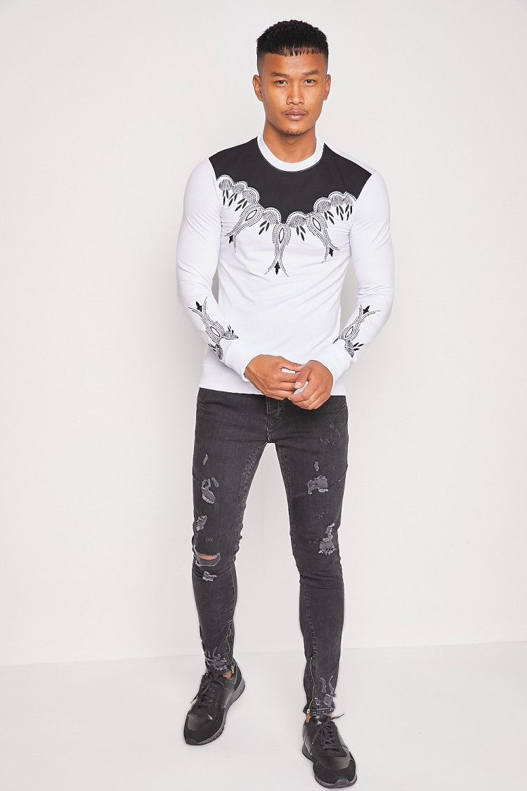 Sweat blanc/noir avec broderies noires