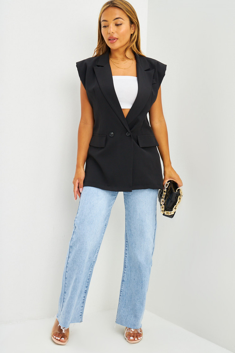 Blazer long à épaulettes sans manches noir
