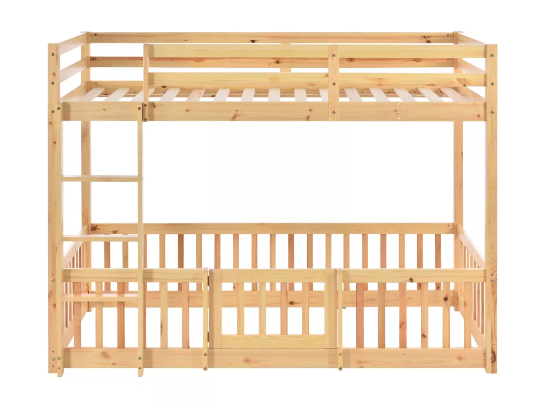 Lit superposé en bois massif - 90x200 cm - avec barrières de sécurité - Naturel