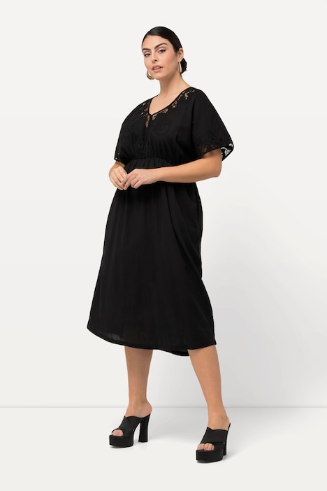 Kleid, Stickerei, Oversized, V-Ausschnitt, Halbarm