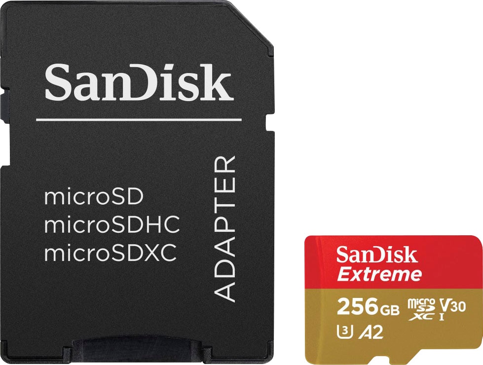 Sandisk Speicherkarte »Extreme® microSDXC™-UHS-I-Karte« (256 GB Video Speed Class 30 (V30)/UHS Speed Class 3 (U3) 190 MB/s Lesegeschwindigkeit)