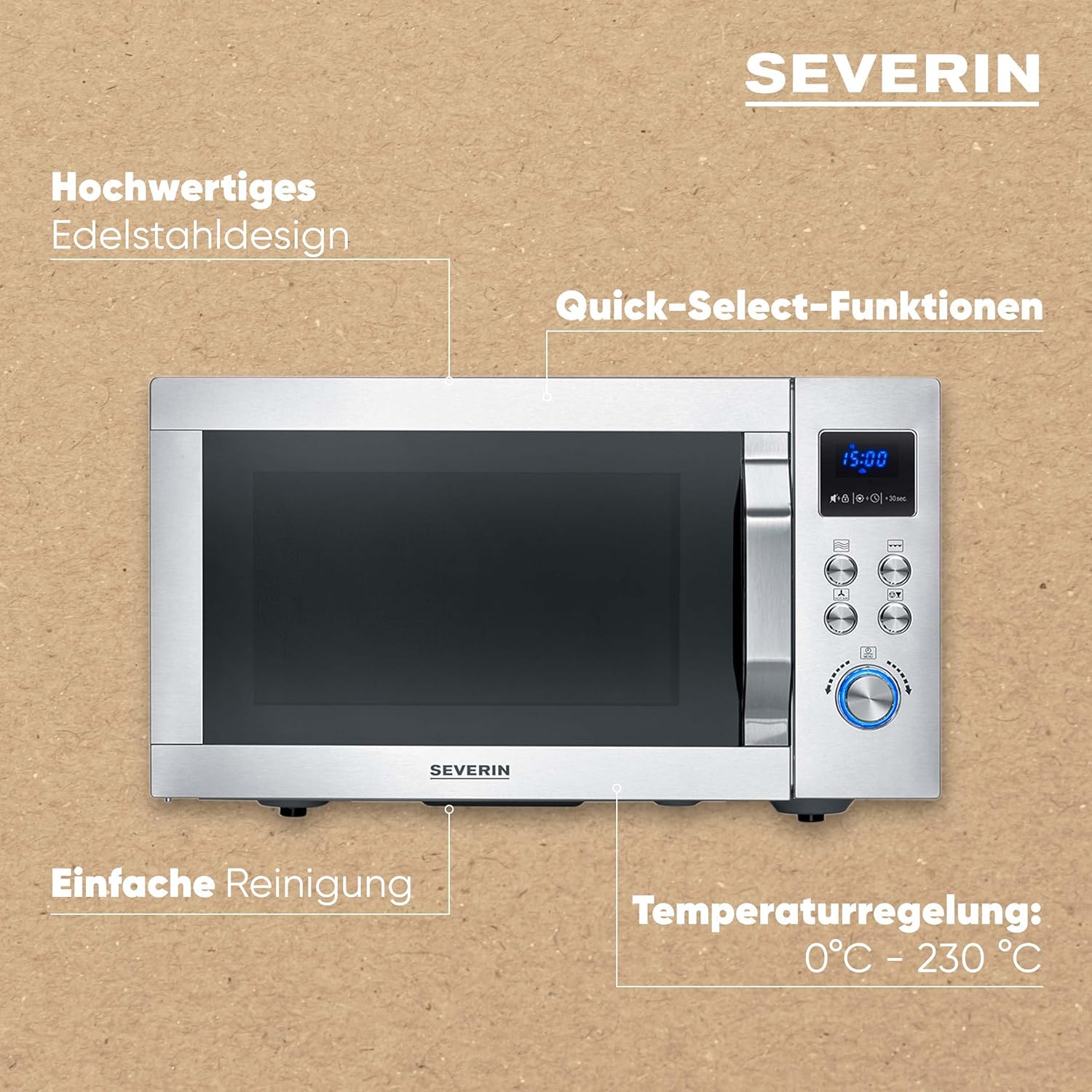 SEVERIN 4-in-1 Mikrowelle „Crispy Wave, Heißluft-Funktion bis 230°C, Heißluftfritteuse, Mikrowelle, Backofen & Grill, 95 min Timer, max. 2150 W Leistung, 25L, Silber/Edelstahl, MW 7982