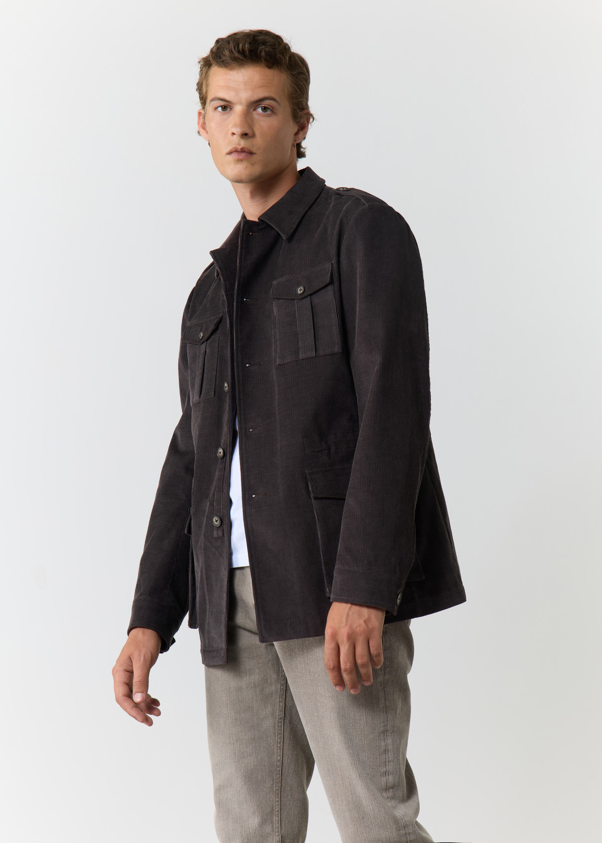 Veste saharienne en velours côtelé uni chocolat