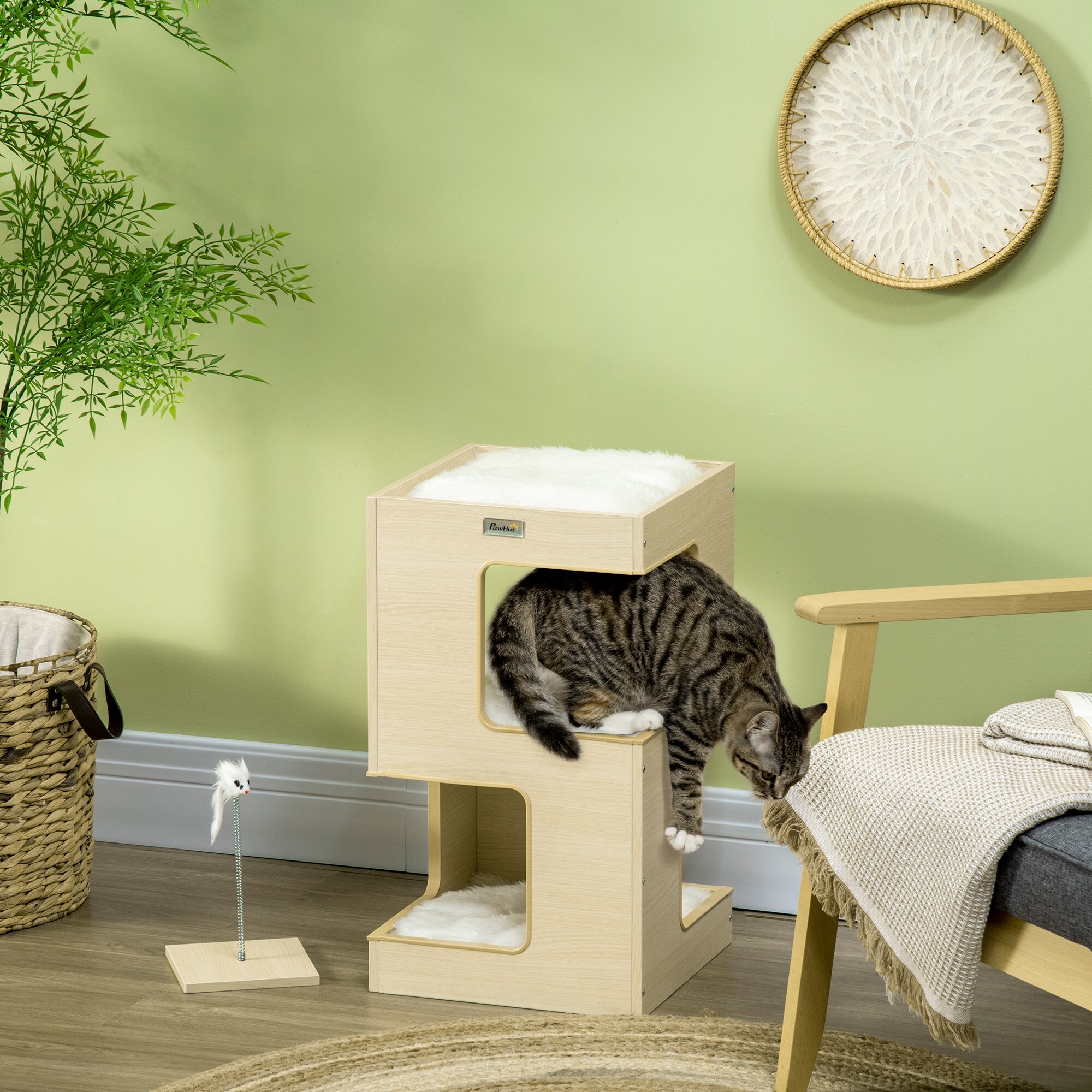 PawHut Katzenhaus mit Kissen natur 34L x 34B x 60H cm