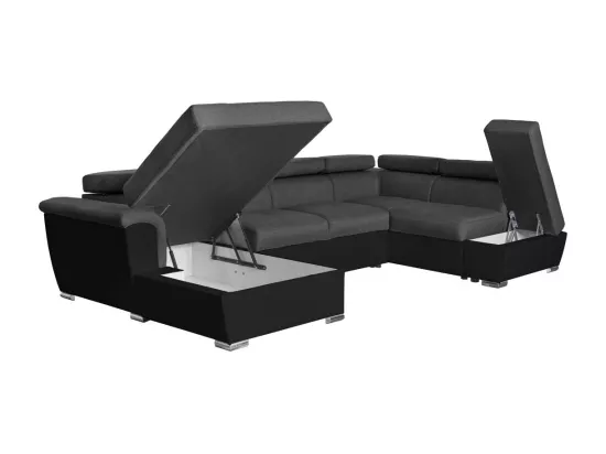 Canapé panoramique convertible avec 2 coffres Paola en tissu et simili - Gris/Noir - L320,5 x P188 x H76cm - Loungitude