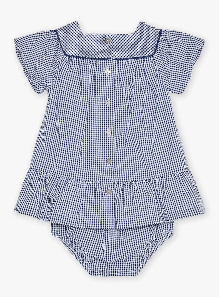 Robe en seersucker vichy bleu nuit et blanc