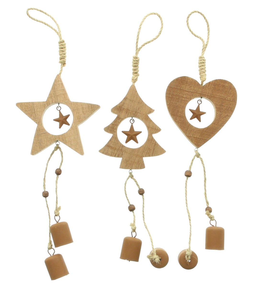 FRANK FLECHTWAREN | Houten belhangers, set van 3, hoogte: 40 cm, hout, metaal, sisal