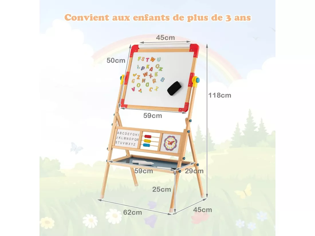 Chevalet d’Art Enfant Double Face avec Planche à Dessin Rotatif, Horloge et Alphabet, Boulier Educatif, Rouleau de Papier pour Enfants de 3+ Ans