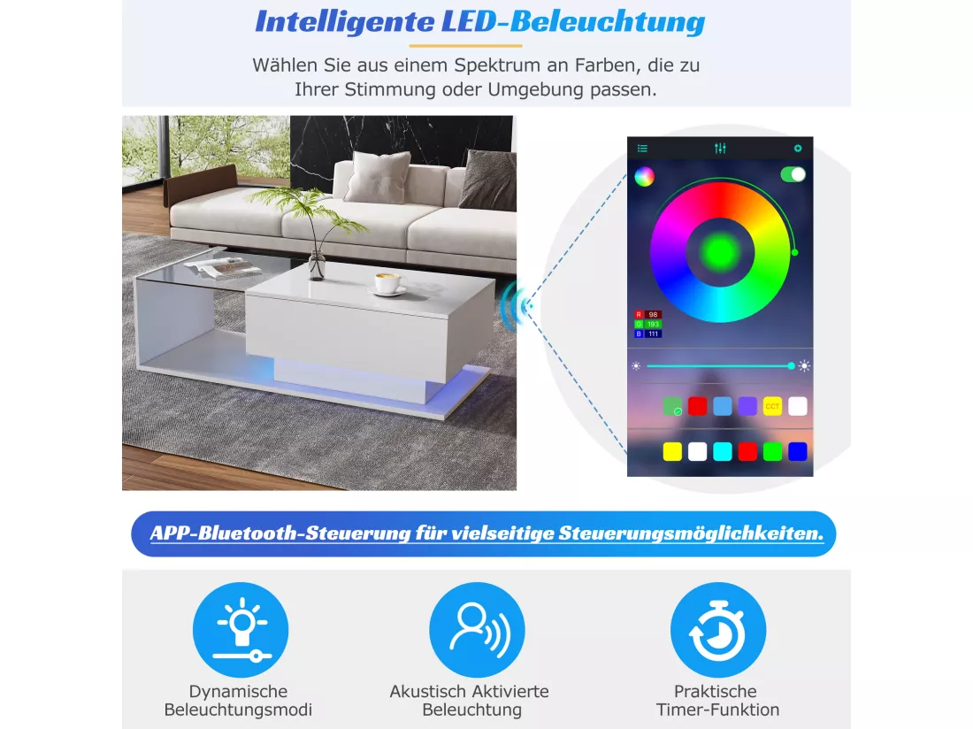 Table basse avec grand tiroir - 100x50x32 cm - LEDs - plateau en verre - Panneaux de particules - Blanc brillant