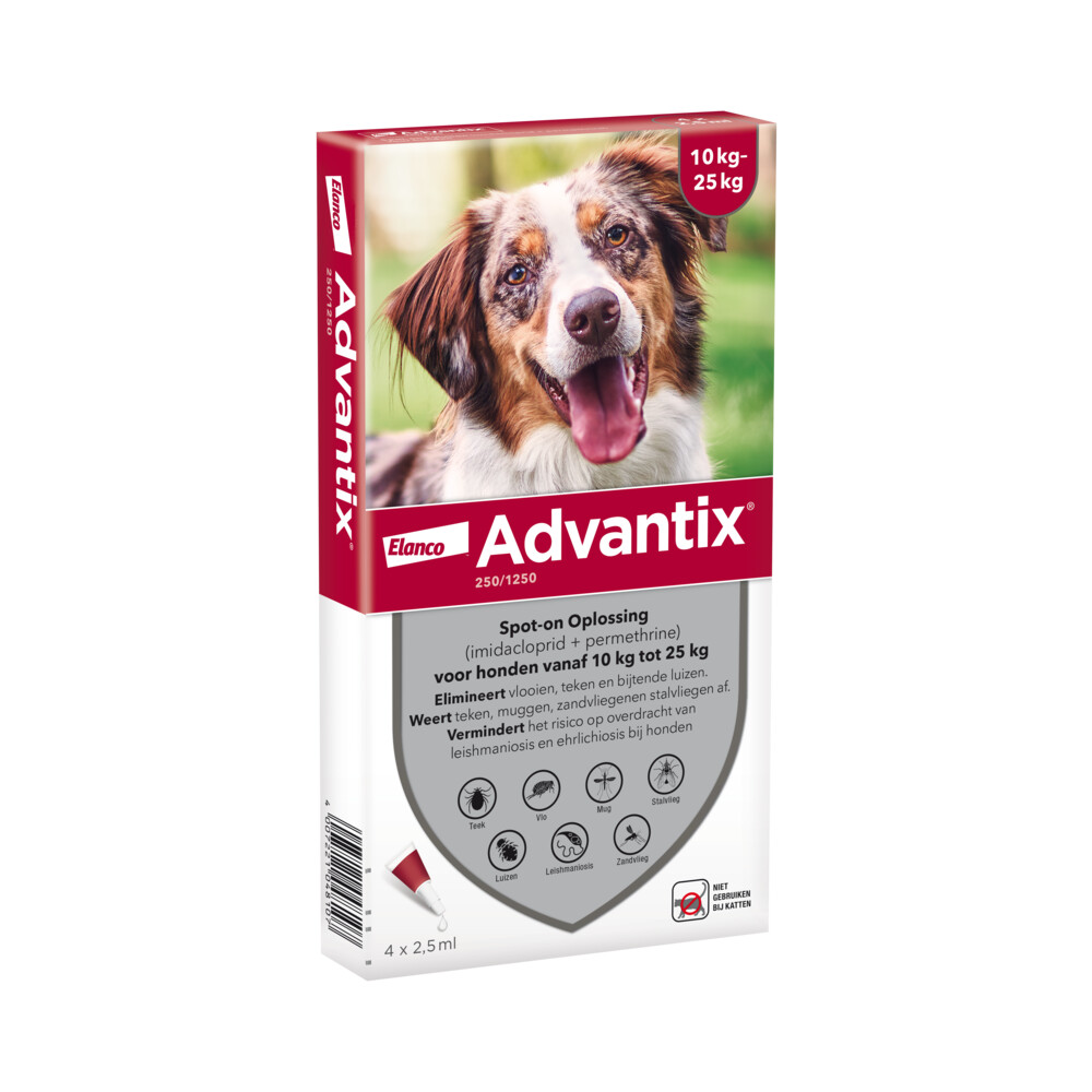 Advantix Spot On 250 Anti Vlooien en Teken Druppels Hond 10 - 25 kg4 pipetten