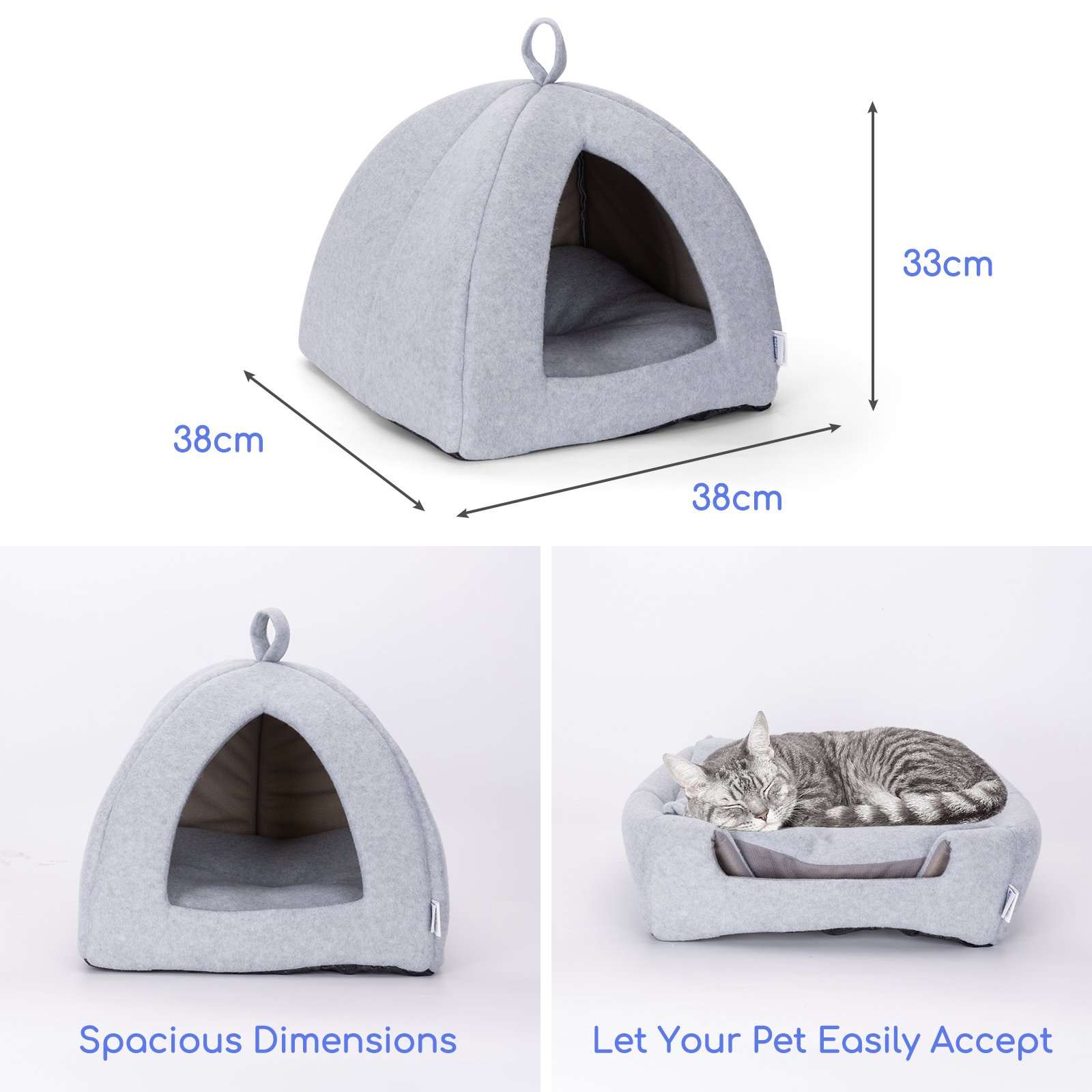 Cama Nobleza para Gatos e Cães, Tamanho Médio, Lavável, em Formato de Caverna, com Almofada Removível, 38x38x33cm, Cinza