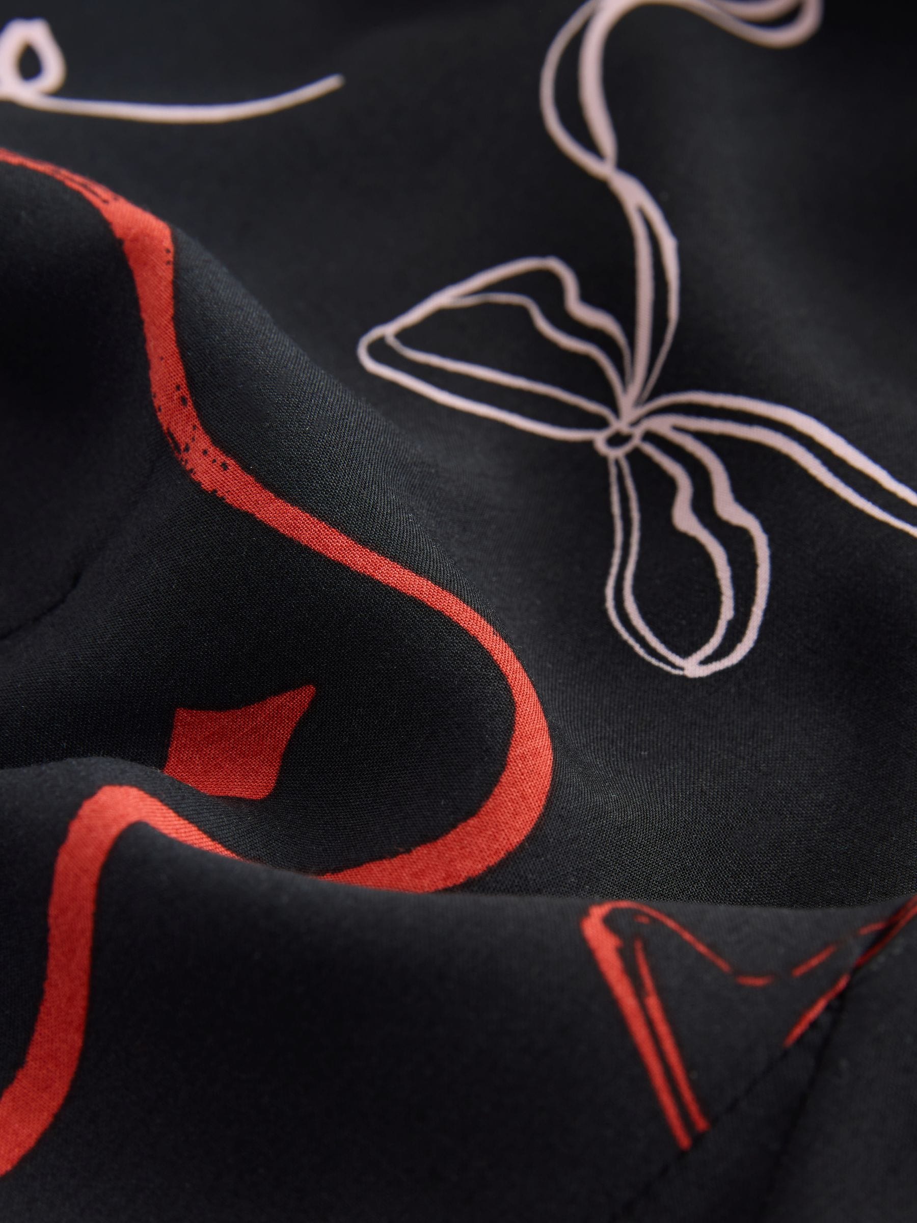Black/Pink Bow Print - Mini Long Sleeve A-Line Seam Detail Dress