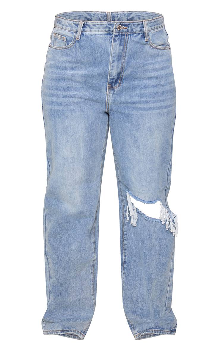 Light Blue Wash Jean Droit Jambe Longue Genou Ouvert Délavé Plus