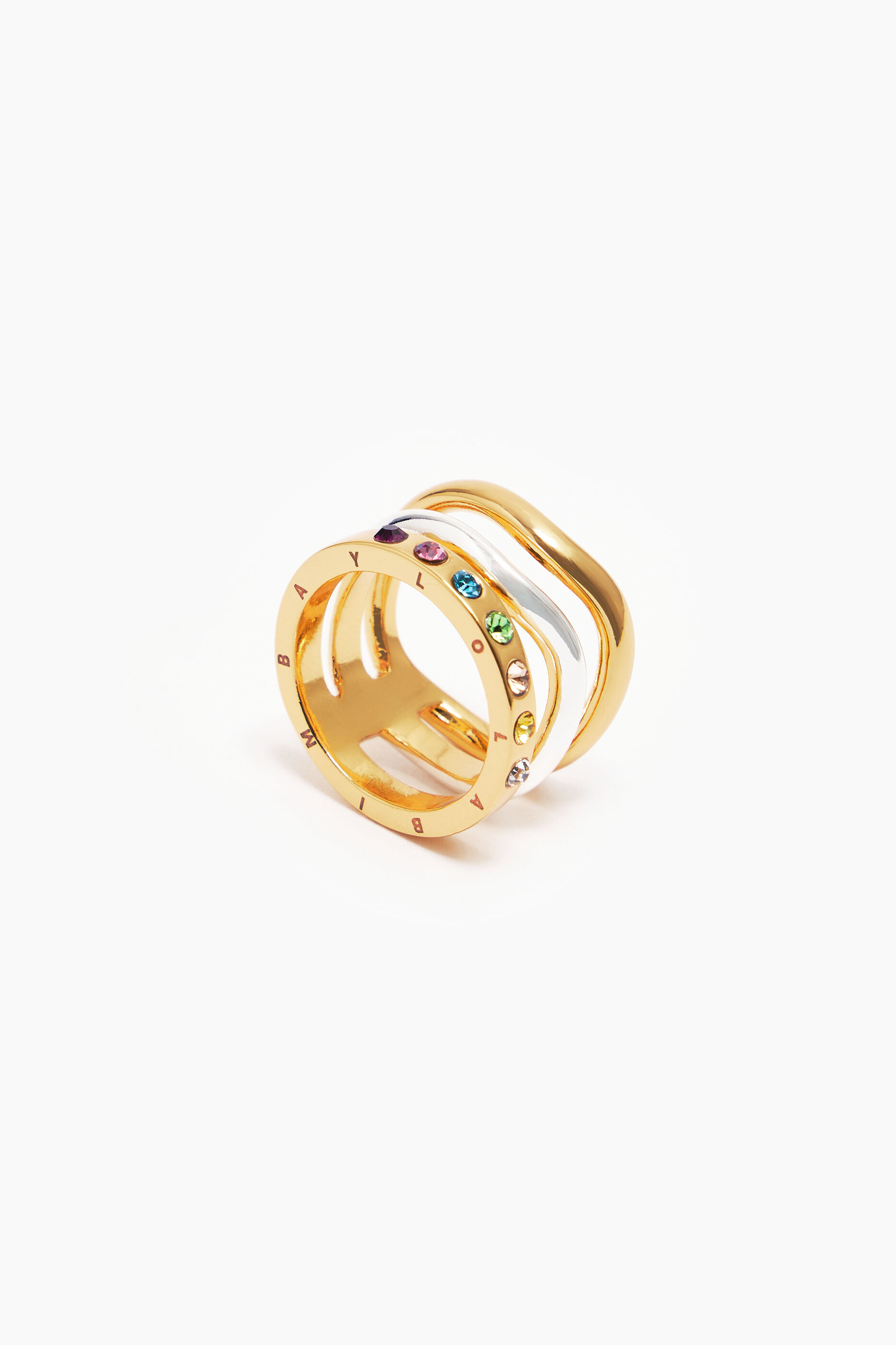 Anel com faixas de cristal multicoloridas