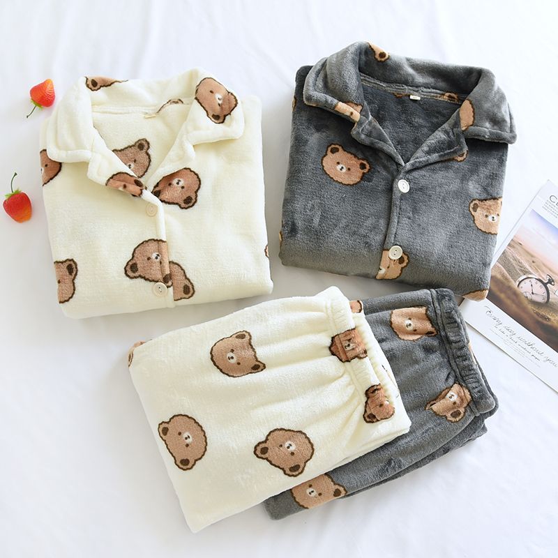 MelMount - Bijpassende pyjamaset voor koppels: flanellen overhemd met berenprint + loungebroek