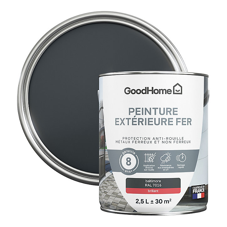 Peinture extérieure métal GoodHome Baltimore gris RAL 7016 brillant 2.5L