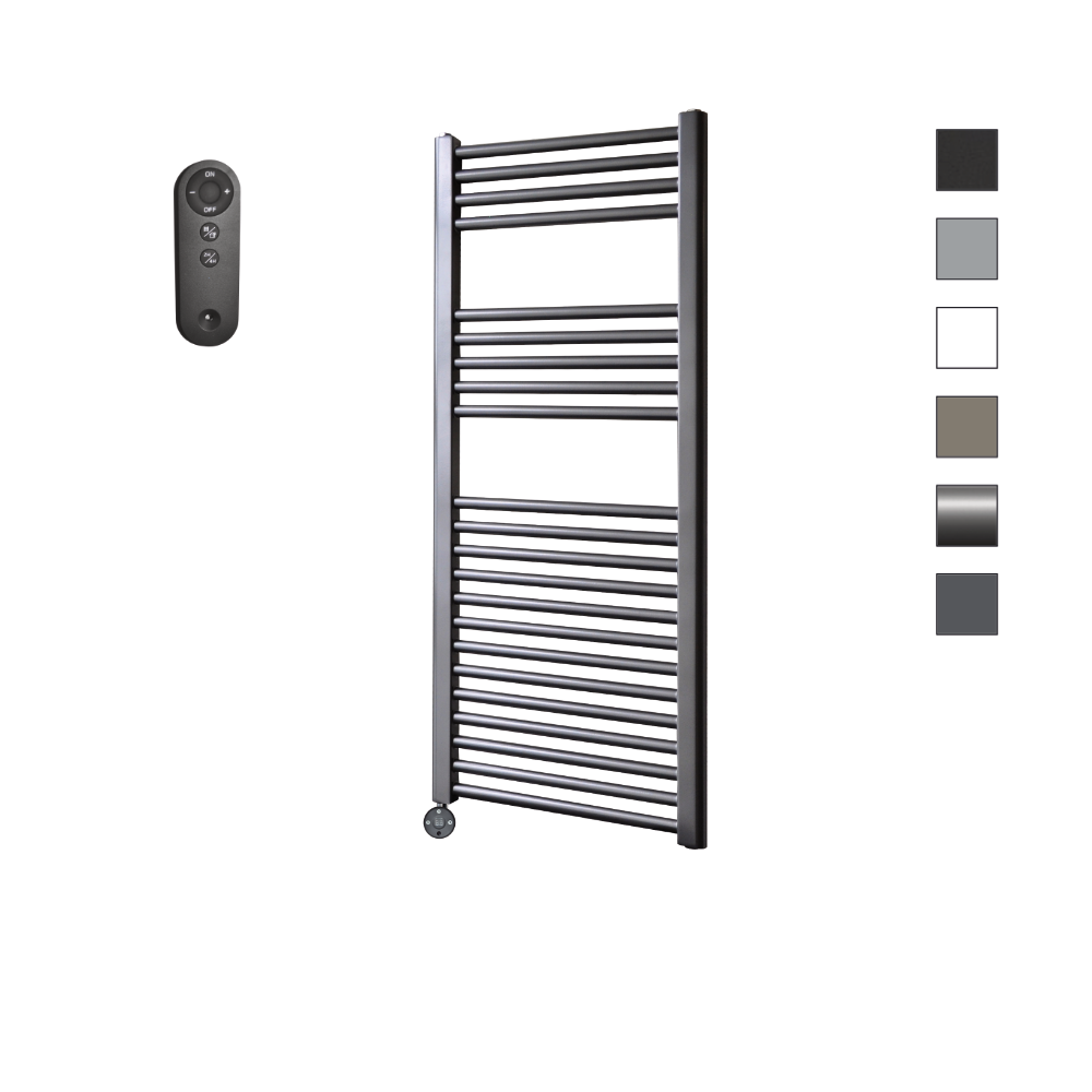 Sanicare HVS elektrische radiator 45x112 cm gunmetal met afstandsbediening en thermostaat zwart linksonder