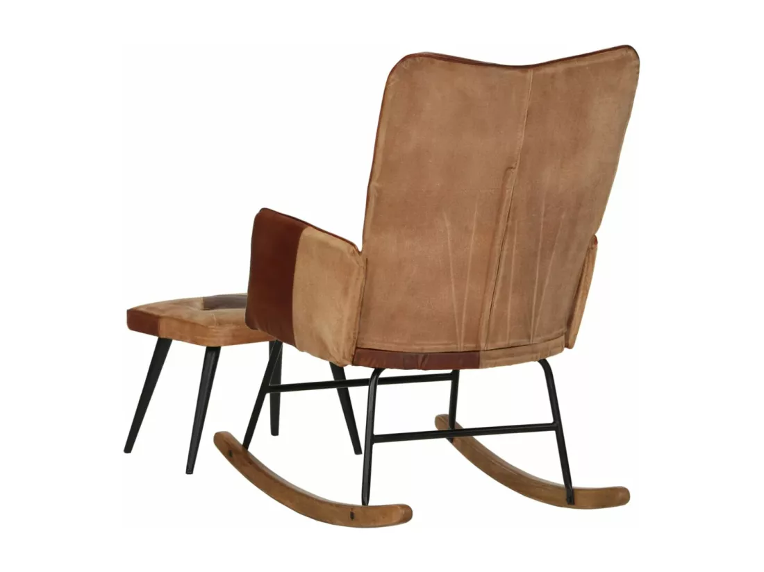 Chaise à bascule et repose-pieds Marron Cuir véritable et toile