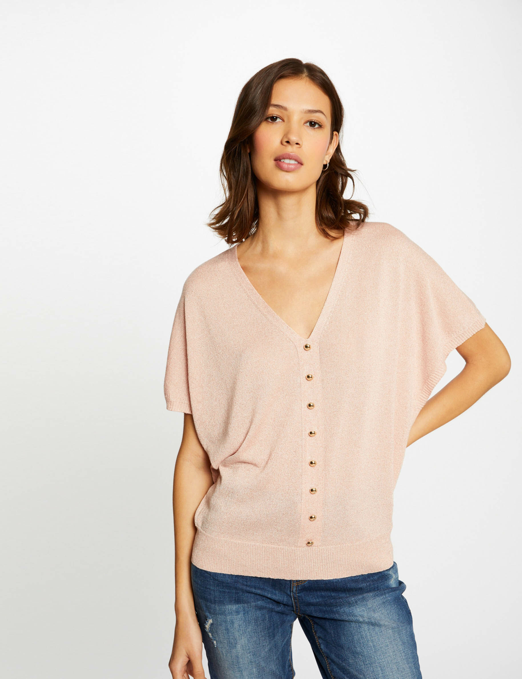 Pull manches courtes avec boutons vieux rose femme - vieux_rose